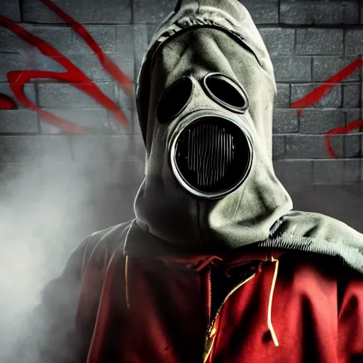 Prompt: hooden villain wearing a gas mask with red goggles, smoke coming out of his body and coat, dark background, wall with graffiti, unreal engine 5, ultra realistic, detailed, fog, studio ghibli inspired,