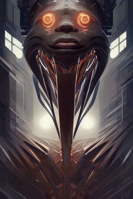 Prompt: professional concept art symmetrical portrait of a horrendous mechanical predatory species in a dark room by artgerm and greg rutkowski. an intricate, elegant, highly detailed digital painting, cubism, concept art, smooth, sharp focus, illustration, in the style of cam sykes.