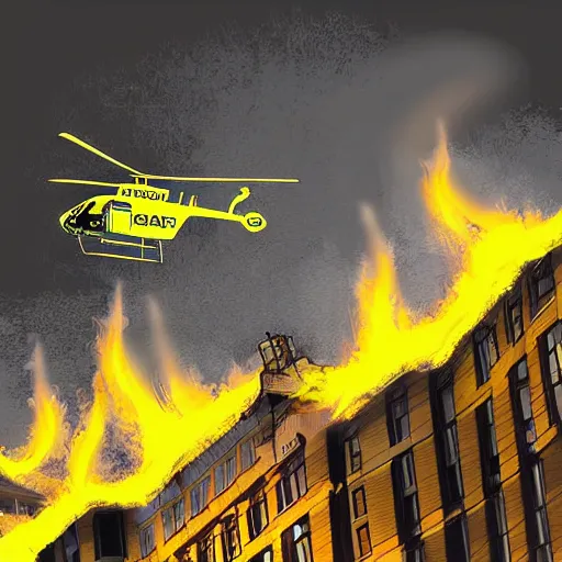 Image similar to helicopter on fire flies into the building, yellow colors, digital art