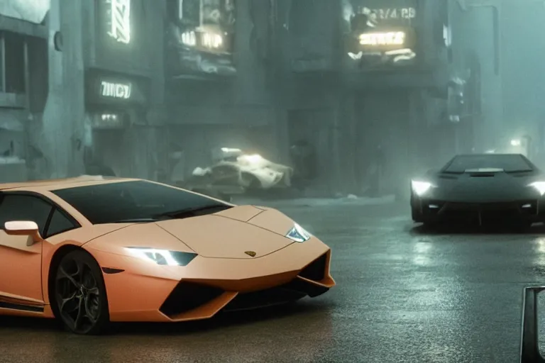 Image similar to A cinematic film still of a Lamborghini in the movie Blade Runner: 2049.