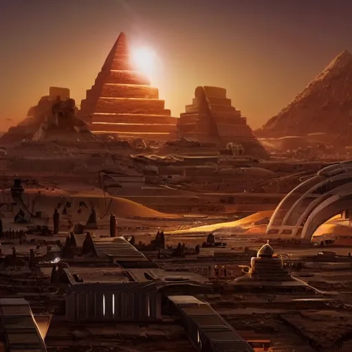 Image similar to a scene of a beautiful intricate epic futuristic pharaoh city with a cyber sphynx and hovering chariots taken from a distance, minimalist, cinematic lighting