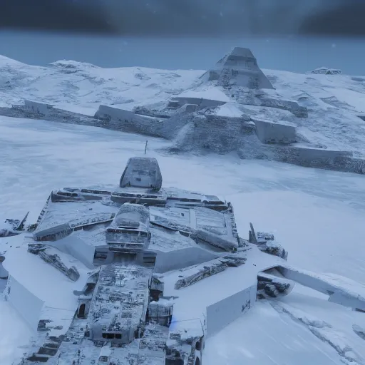 Prompt: star destroyer flying over snow from star wars movies, 4k ultra realistic, unreal engine 5 quality