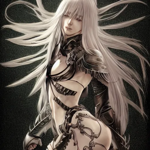 Prompt: realistic full body character design character design of an anime girl with long white hair wearing Elden Ring armor with engraving in the style of Yoji Shinkawa, noisy film grain effect, highly detailed, Renaissance oil painting, weird portrait angle, blurred lost edges, three quarter view