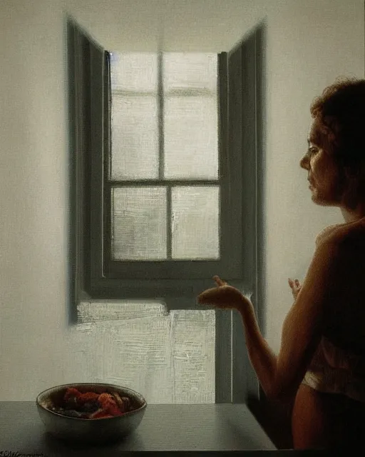 Prompt: Alba Baptista looking out the kitchen window at night, moonlight, light streaks, detailed face, by Kenne Gregoire