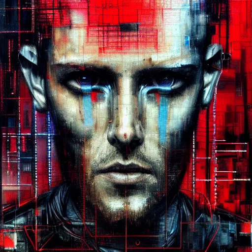 Prompt: hyperrealistic portrait of a cyberpunk man in cyberspace, by Guy Denning, Johannes Itten, Russ Mills, hacking effects, red eyes, detailed lines, color blocking!, acrylic on canvas, insane detail, intricate, front view, symmetrical, octane, concept art, abstract, artistic, 8k, cinematic, trending on artstation