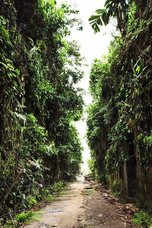 Image similar to abandoned sri lankan street, overgrown greenery, photograph
