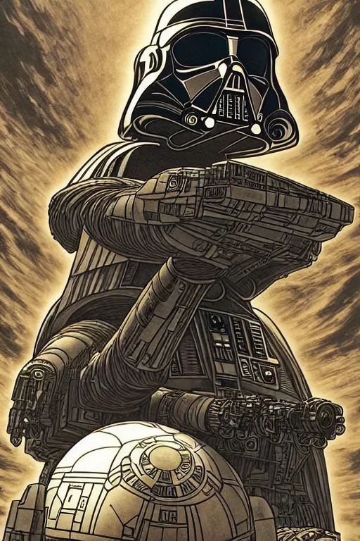 Image similar to platonic ideal of han solo, nazgul mandelbulb, deathstar, millenium falcon, detailed, stormtroopers, darth vader, action pose, intricate, volumetric lighting, moebius, geof darrow, dan mumford, alphonse mucha, poster,
