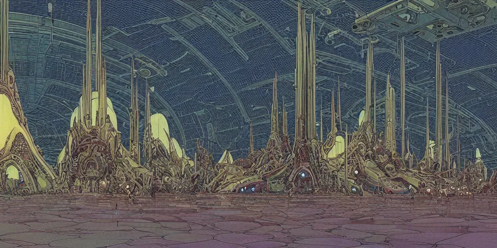 Image similar to cel shaded cinematic shot of the interior of a sci-fi space station with ornate Elven architecture bustling with various intelligent alien species, epic castle, emerald, crystalline, detailed illustration, sharp focus, crisp lines, art by Moebius, Jean Giraud Moebius comic illustration