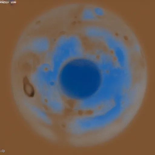 Image similar to View of Mars with blue atmosphere from pole to pole. Visible north polar cap.