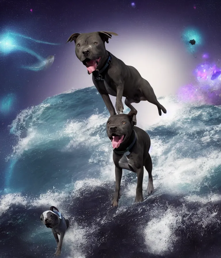 Image similar to photo of a dark gray coat pit bull with a white paws and a white nose!, surfing on a surfboard in a crashing wave of alien galaxy, trending on art station, ocean in space, background is an alien galaxy, aliens in the background, alien colors, octane render, unreal engine, wide view, 8 k, highly detailed