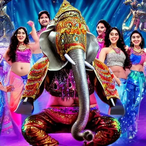 Image similar to bollywood movie, an elephant wearing a silver latex suit and an iridescent metal helmet surrounded by women dancing in colorful flowing intricate dresses on a tropical alien planet