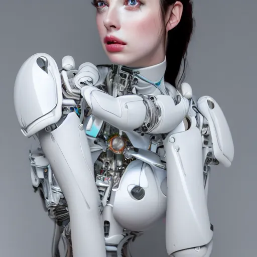 Image similar to beautiful Fine art photo portrait of sensuous Sarah Mcdaniel as a solarpunk robotic goddess, white mechanical parts with led lights, photorealistic, white background, highly detailed and intricate, studio lighting, HDR 8k