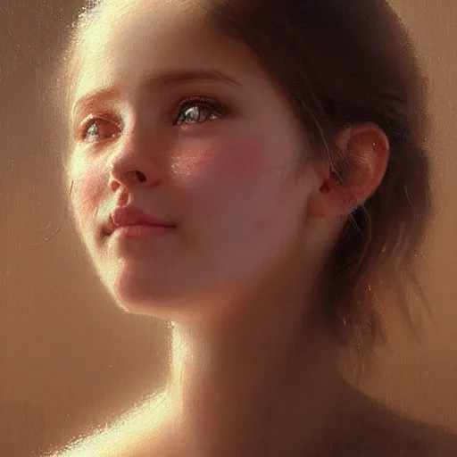 Image similar to Facial portrait of a cute shy girl, looking at the camera, slight awkward smile, lips slightly parted, no hands visible,, intricate, extremely detailed painting by Greg Rutkowski and by Henry Justice Ford and by Jean Giraud