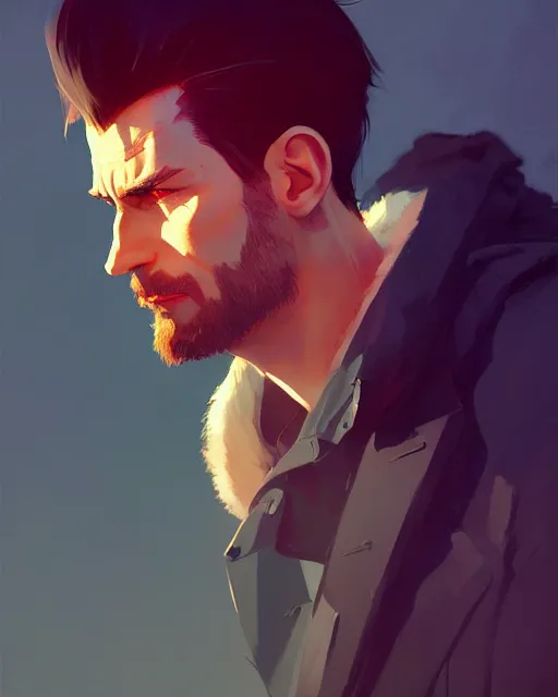 Prompt: a handsome man, rugged, masculine, sharp jaw, digital painting by ilya kuvshinov, greg rutkowski, wlop, james jean, victo ngai, beautifully lit, muted colors, highly detailed, artstation, fantasy art by craig mullins