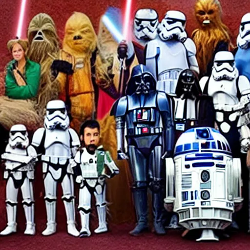 Image similar to All Star Wars Characters standing together for a group photo