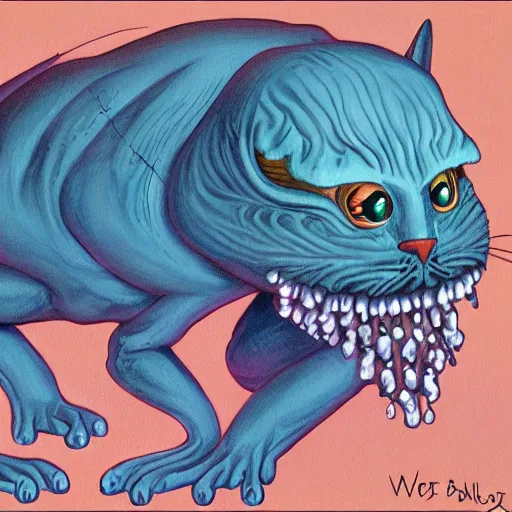 Image similar to painting of an alien cat creature that looks like garfield, in the style of wayne barlowe