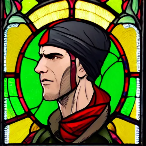 Prompt: side - view portrait of the iorveth, scoia'tael leader, red cap, red bandana covering one eye, green coat, gothic stained glass window, very masterful