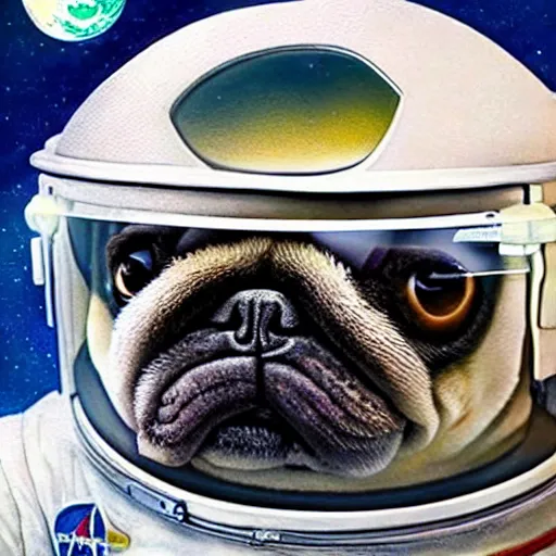 Image similar to hyper realistic, highly detailed, astronaut pug in space.