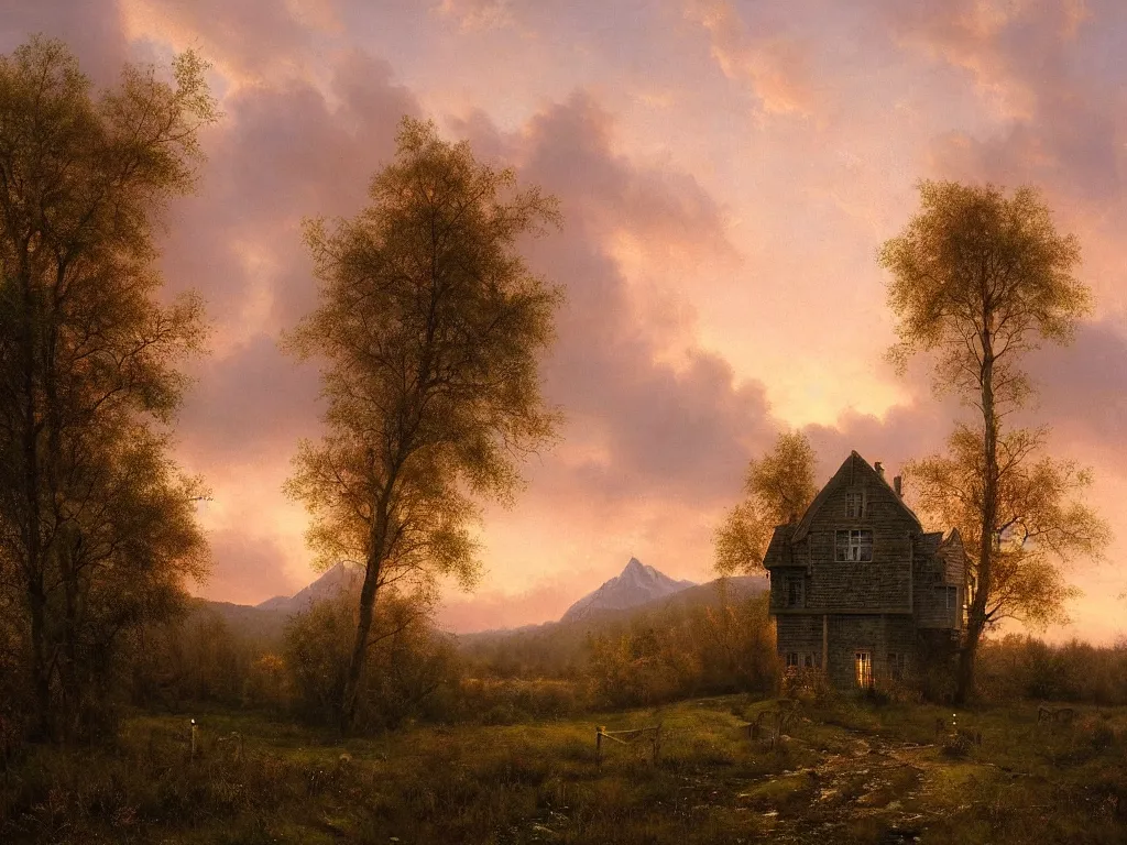 Prompt: a single witchhouse with lighted windows in a woodland, mysty mountain in the background, evening mood, pink clouds in the sky, by clive madgwick
