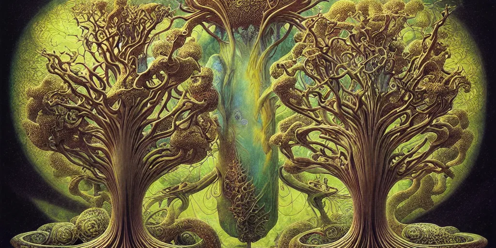 Image similar to tree of life by roger dean and andrew ferez, art forms of nature by ernst haeckel, divine chaos engine, symbolist, visionary, art nouveau, botanical fractal structures, organic, detailed, realistic, surreality