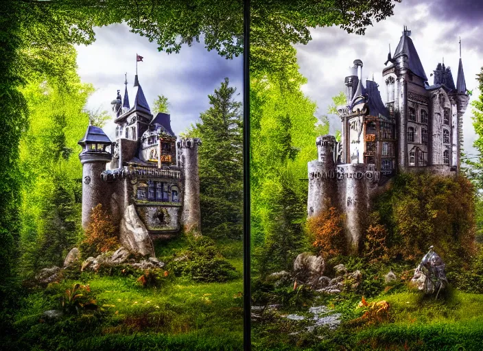 Prompt: photo of a glass box with a castle inside, in the forest. Fantasy magic style. Highly detailed 8k. Intricate. Nikon d850 55mm. Award winning photography.