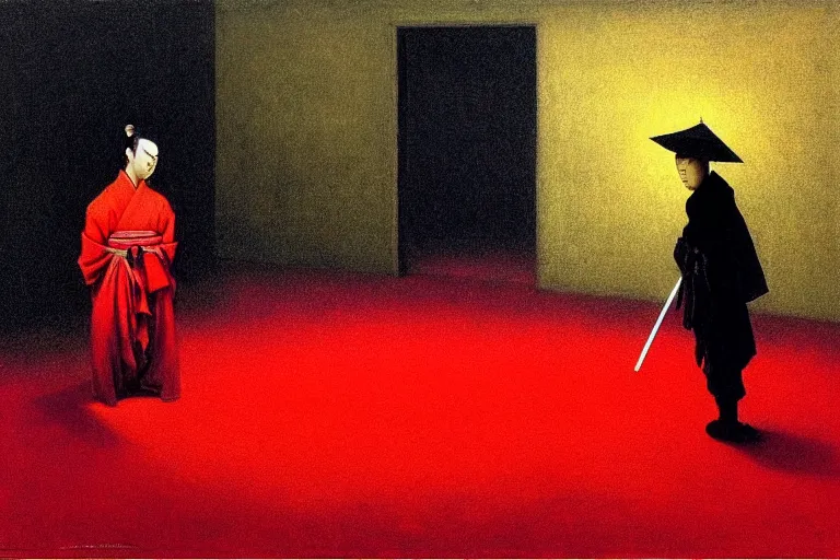 Image similar to only with red, a red samurai do seppuku, tokio, a lot of frogs watch, in the style of beksinski, parts by edward hopper, parts by rodcenko, parts by yue minjun, intricate and epic composition, red by caravaggio, insanely quality, highly detailed, masterpiece, red light, artstation, 4 k