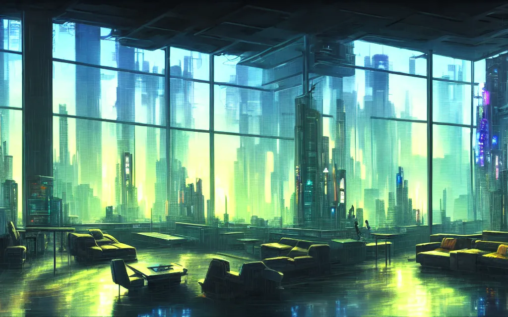 Image similar to cyberpunk loft lounge with tall windows, few people, city in background, drawn by feng zhu, sparse plants, dim painterly lighting volumetric aquatics, impasto