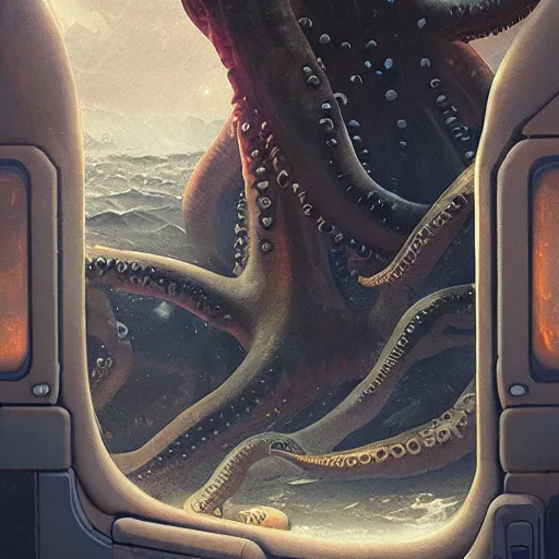 Image similar to The giant octopus monster through the spaceship window, wide shot, broad detail, by Greg Rutkowski