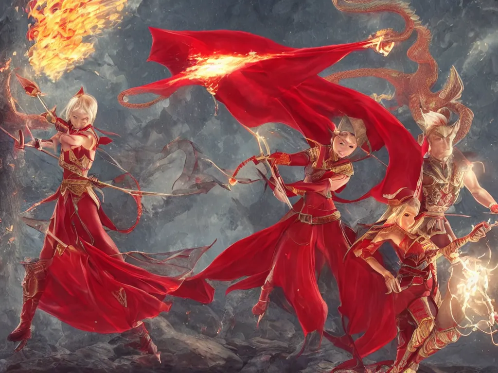 Image similar to a realistic asian fantasy illustration of a female elf mage in a scale mail and a red cape casting a fire spell in a shape of a dragon