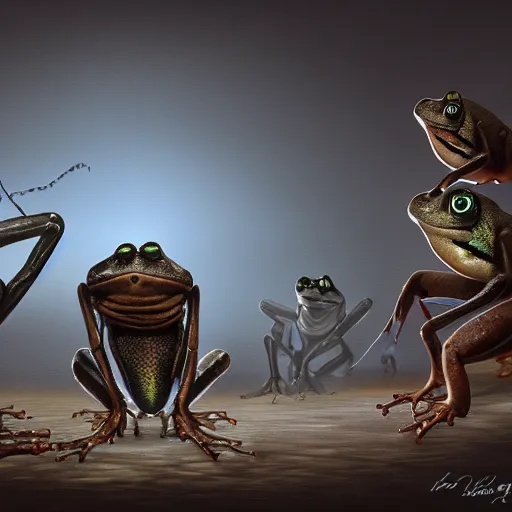 Image similar to the council of armored frogs betrays a fly, wide scene, foreboding, professional digital painting, 4k