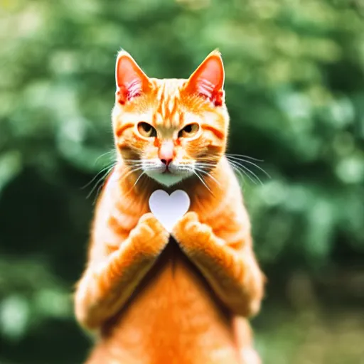 Prompt: orange tabby cat holds heart sign