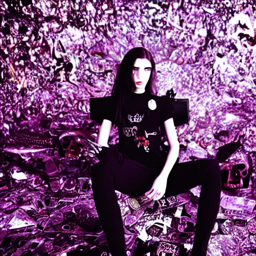 Image similar to a monochrome symmetric wide shot of Grimes as a fallen angel, sitting in a large glittery hell simulation with skulls and computer code