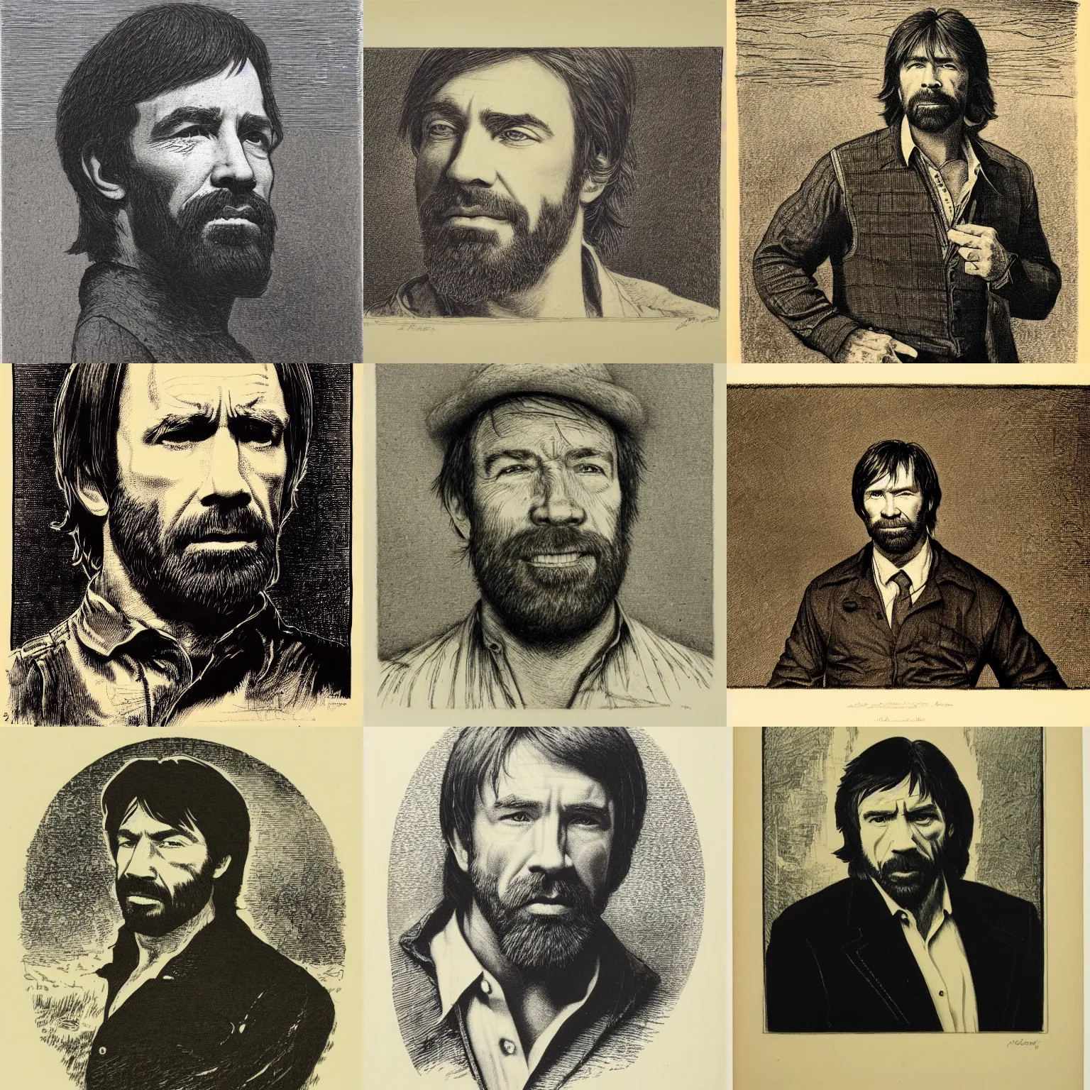 Prompt: illustration of chuck norris, etching by louis le breton, 1 8 6 9, 1 2 0 0 dpi scan