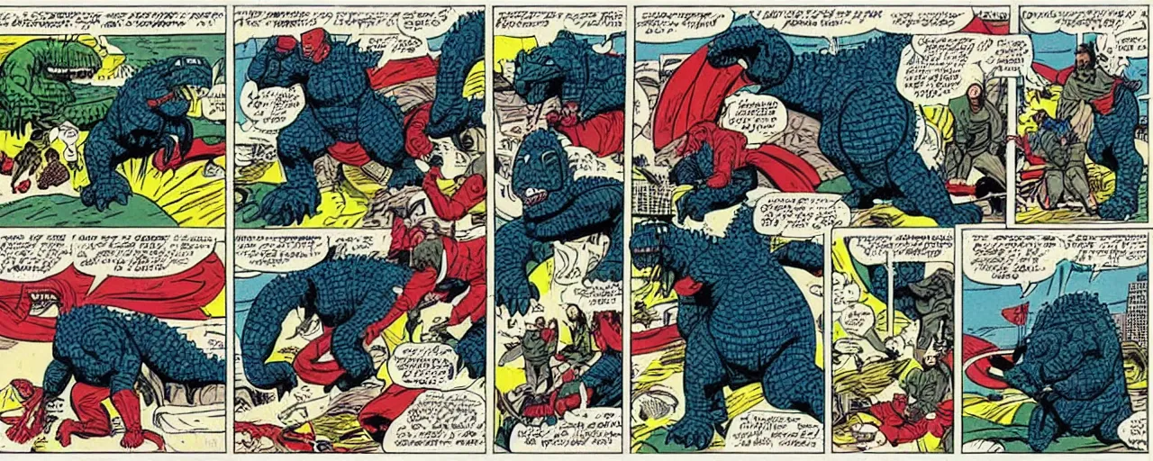 Image similar to godzilla dunking on shaq, marvel comic 1 9 6 0's style, comic strip