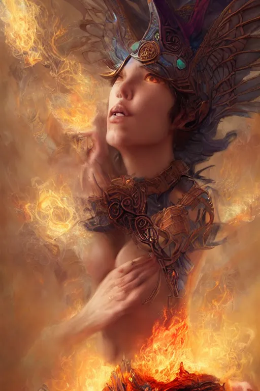 Prompt: beautiful girl sorcerer looking up with fire and golden dragon skin, celtic rune tattoos, casting magic spell, angel, fantasy, magic the gathering, hyper detailed, 3 d render, hyper realistic detailed portrait, peter mohrbacher, wlop, ruan jia, luis royo