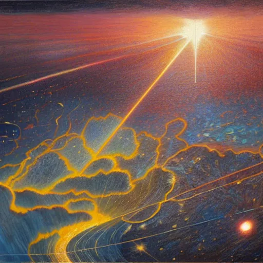 Prompt: view from space, laser beam strikes through earth, extremely detailed oil painting, 1 9 2 0's colored pencil, high clarity, highly detailed, abstract, deep aesthetic, 8 k, highly ornate intricate details, cinematic lighting, rich colors, digital artwork, beautiful scenic view, ray tracing, hyperrealistic, photorealistic, cinematic landscape, trending on artstation, concept art,