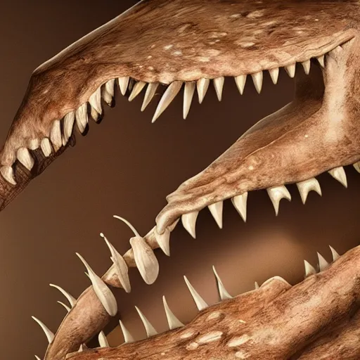 Prompt: a award winning photo of a dinosaur fossil with long tooth, photorealistic, bones, detailed, 8 k