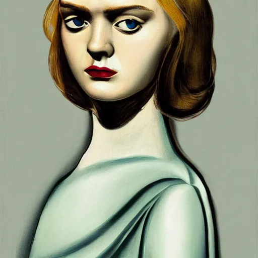 Prompt: professional painting of Elle Fanning in the style of Giorgio De Chirico, head and shoulders portrait, symmetrical facial features, smooth, sharp focus, illustration, intricate, stormy weather, extremely detailed masterpiece,