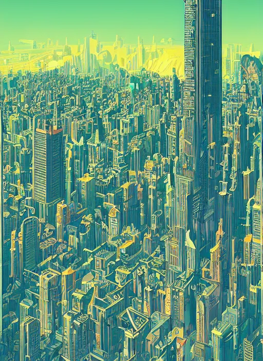 Image similar to drawing of a city with tall buildings, poster art by kilian eng, behance contest winner, psychedelic art, tesseract, dystopian art, parallax