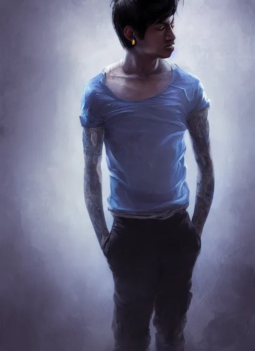 Image similar to young peruvian man with short black hair, male, dressed in blue, looking down, half body shot, arms down, path traced, highly detailed, high quality, digital painting, bastien lecouffe - deharme