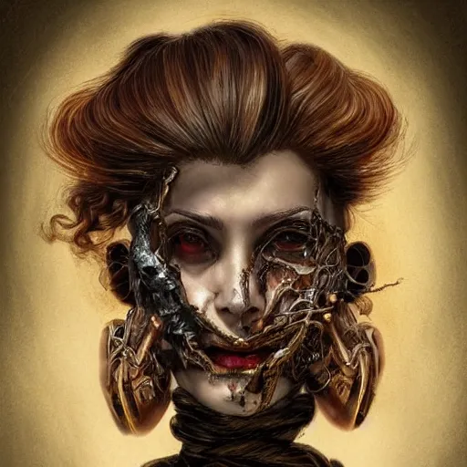 Image similar to portrait of a Shibari rope wrapped face and neck, headshot, insanely nice professional hair style, dramatic hair color, digital painting, of a old 17th century, old cyborg merchant, amber jewels, baroque, ornate clothing, scifi, realistic, hyperdetailed, chiaroscuro, concept art, art by Franz Hals and Jon Foster and Ayami Kojima and Amano and Karol Bak,