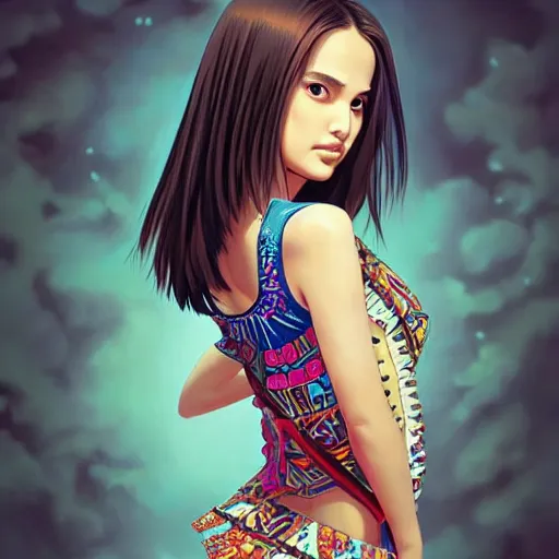 Image similar to a beautiful young japanese natalie portman alluring gravure model, wearing elaborate designer tank top, tank top with mesoamerican patterns, by akira toriyama and wlop and ilya kuvshinov and artgerm and, aesthetic, gorgeous, stunning, alluring, attractive, artstation, deviantart, pinterest, digital art