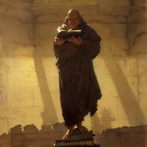 Image similar to half portait of monk wearing a closed cowl and big old book! chained to the wrist, jeremy mann, jean - leon gerome, tiepolo, alphonse mucha, greg rutkowski, face in the shadows, ( ( ruins of ancient rome ) ), at dusk, mysterious atmosphere, sunrays, dof, high detailed, 8 k