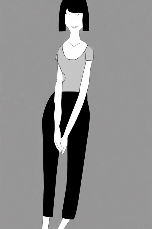 Image similar to portrait of a girl in long pants and a top, hands in pockets, eyes closed, bob haircut, digital art, black and white, lineart