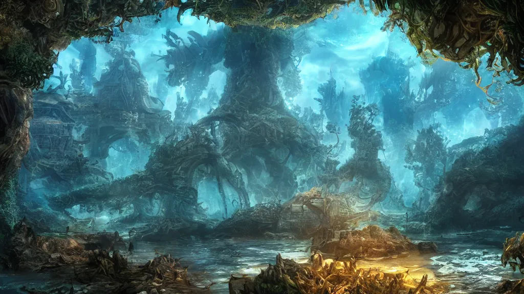 Image similar to an underwater city protected by the roots of an eve tree, fantasy artwork, very very very beautiful scenery, hd, hdr, ue5, ue6, unreal engine 5, cinematic 4k wallpaper, 8k, ultra detailed, high resolution, artstation, award winning