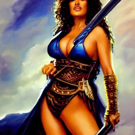 Prompt: A painting of Salma Hayek wearing a chainmail bikini and holding a sword , kneeing pose , by Boris Vallejo , Julie Bell , cinematic , concept character, full body, barefoot , trending on Artstation
