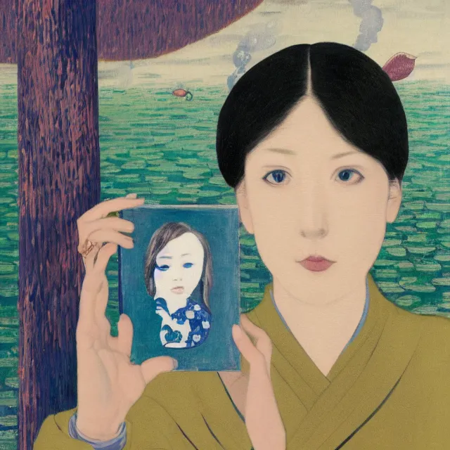 Image similar to tall emo female artist holding small portraits and fish on a train, on shinkansen in japan, odawara station, odawara castle, summer, sweat, ice coffee, pigs, octopus, acrylic on canvas, surrealist, by magritte and monet