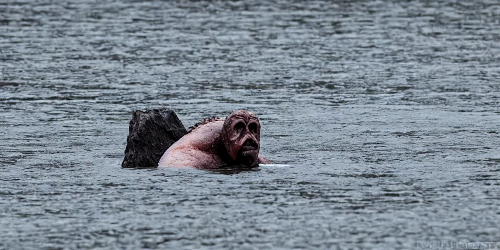 Image similar to Human sized cryptid in a river in alaska, long lens, telephoto, candid picture