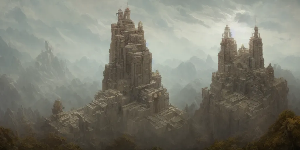 Image similar to orthographic projection | | a temple in the clouds, by greg rutkowski and james gurney, trending on artstation