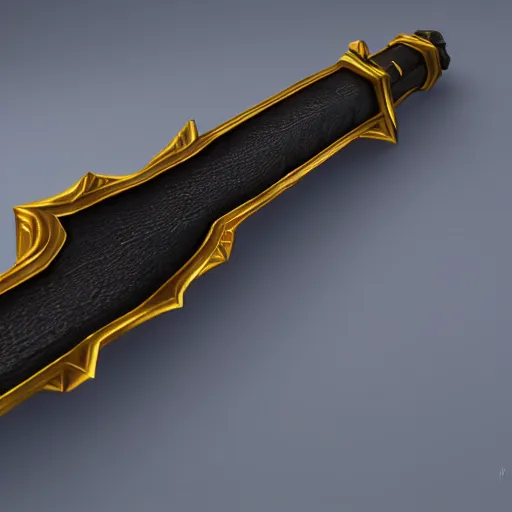 Prompt: black sword blade with golden hilt, icon, isometric, vector, low poly, blue background, cgsociety, volumetric lighting, artstation